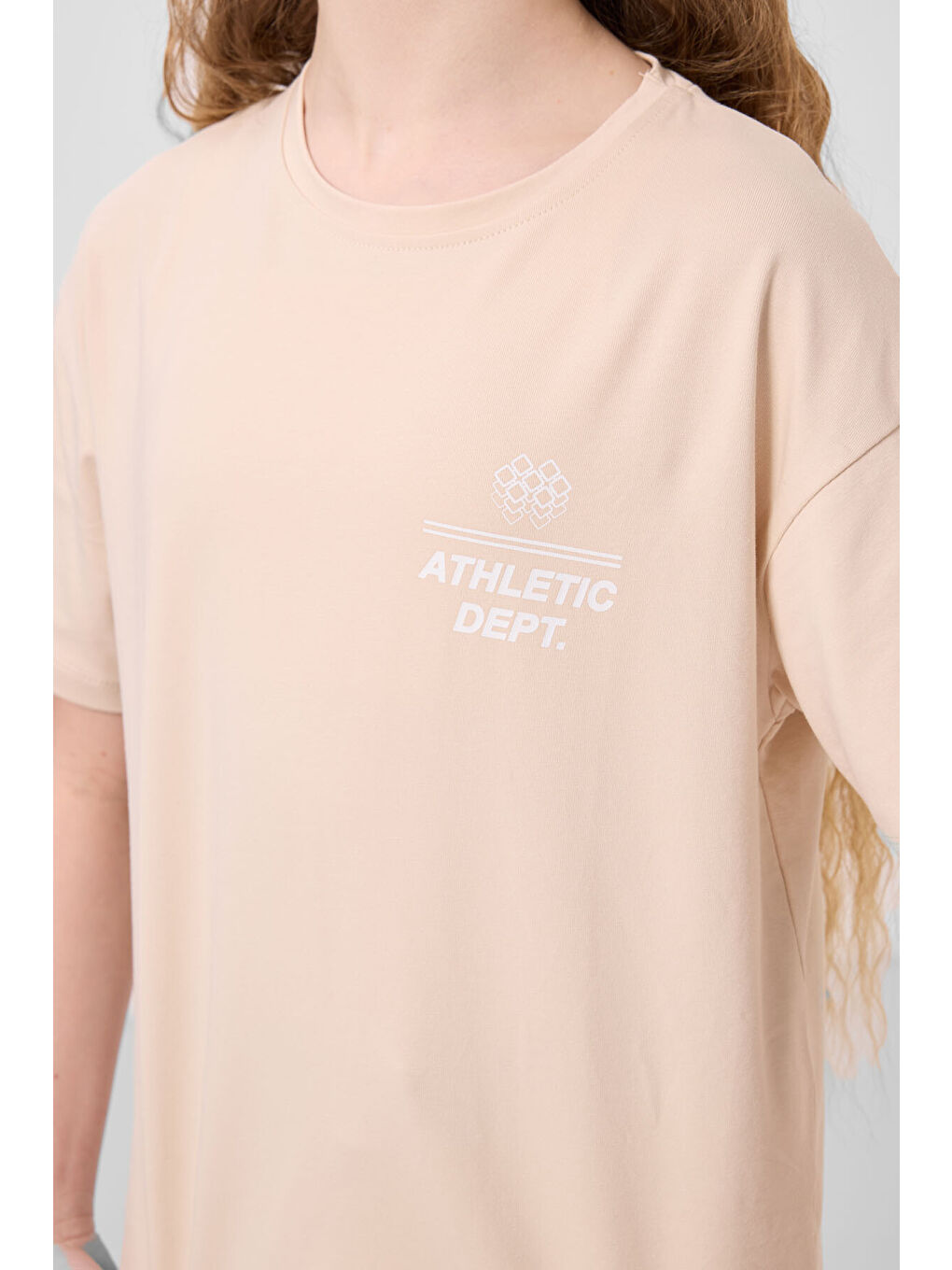 Bej Pamuklu O Yaka Oversize Fit Baskılı Kız Çocuk T-Shirt - 75178-3