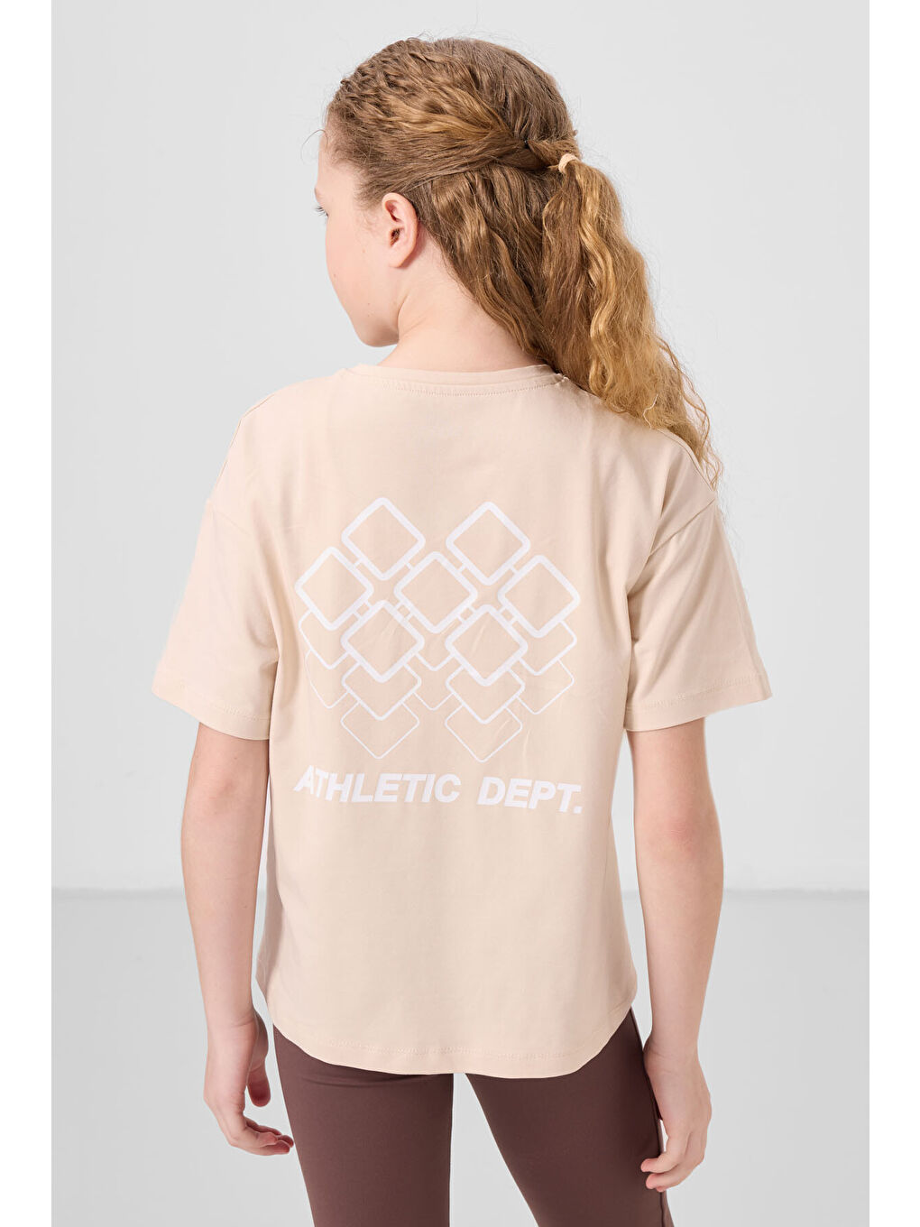 Bej Pamuklu O Yaka Oversize Fit Baskılı Kız Çocuk T-Shirt - 75178-4