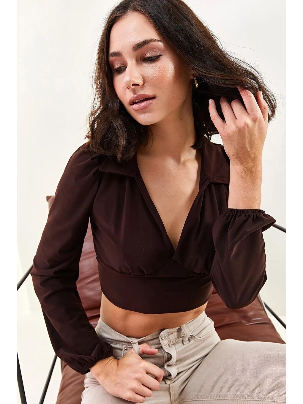 Kahverengi Kadın Polo Yaka Bluz 3056-3