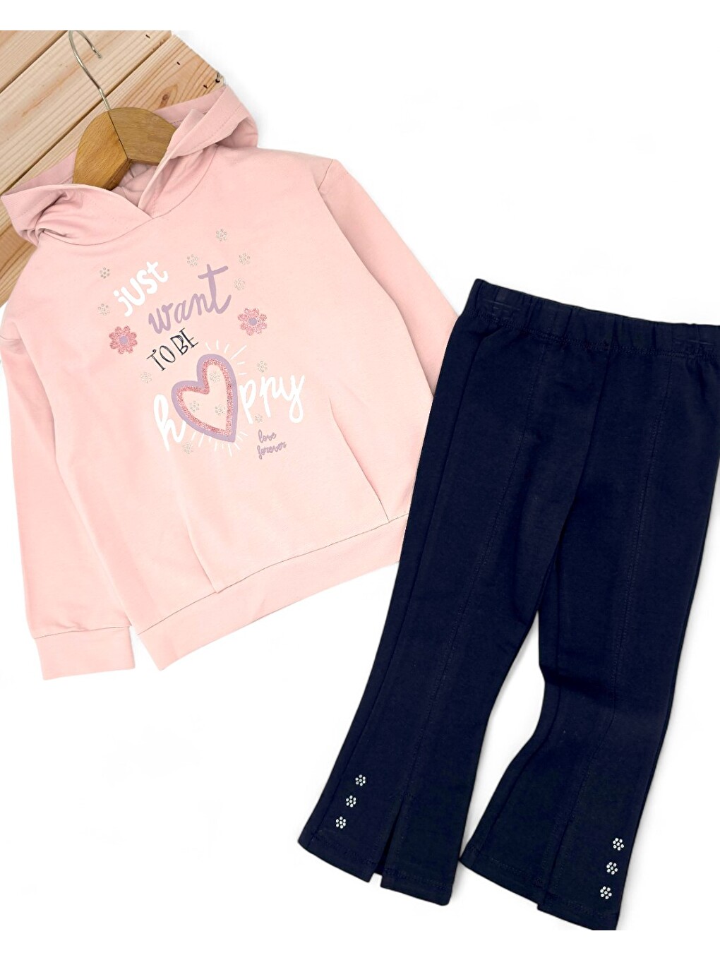Pembe Kız Çocuk İspanyol Paça Taytlı Kapüşonlu Sweatshirtlü Mevsimlik Alt Üst Takım-1