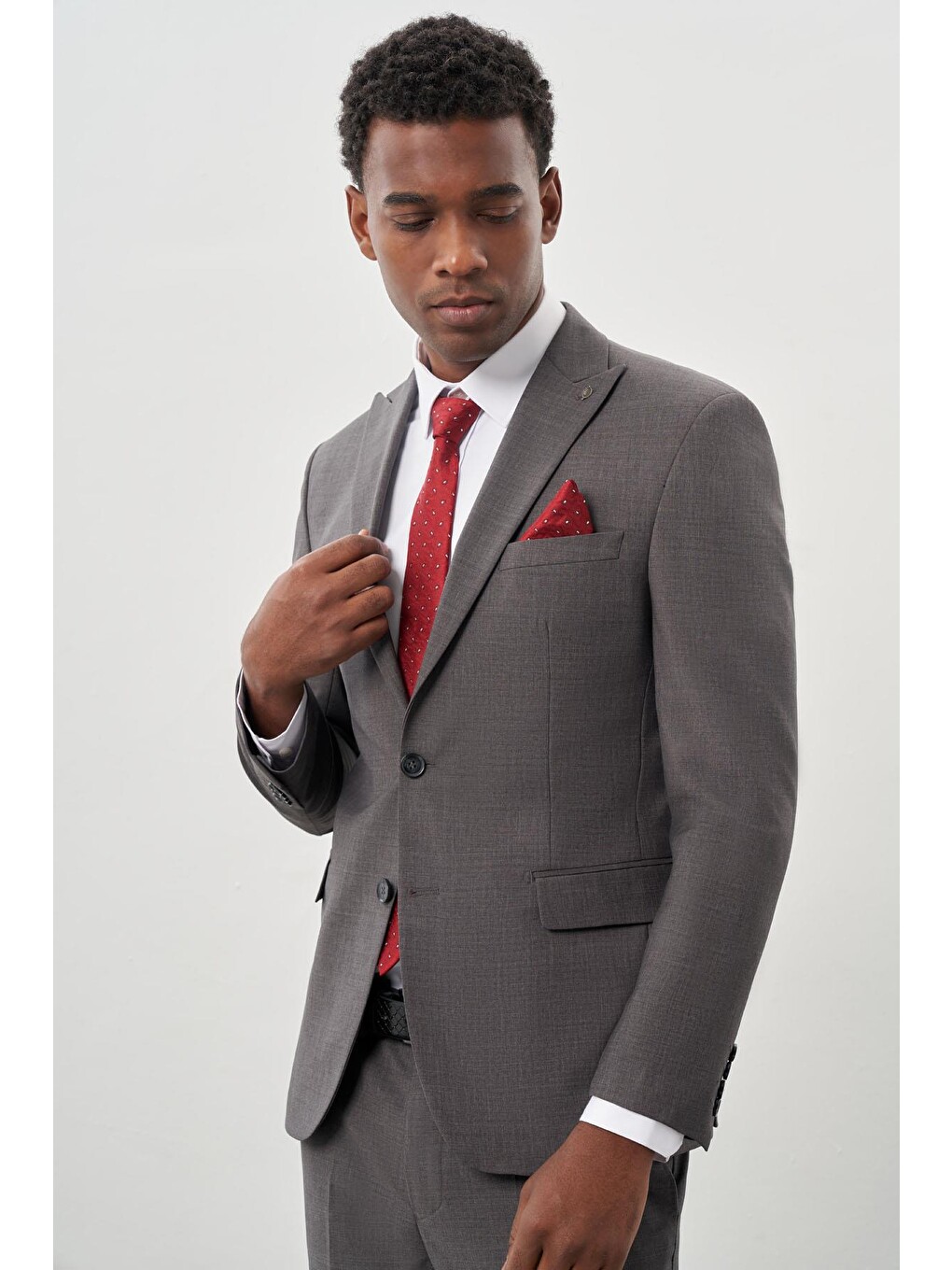 Gri Düz Bez Ayağı Kılıç Yaka 2 Düğme Yünlü 6 Drop Slim Fit Classic Takım Elbise 1001245179_100-2