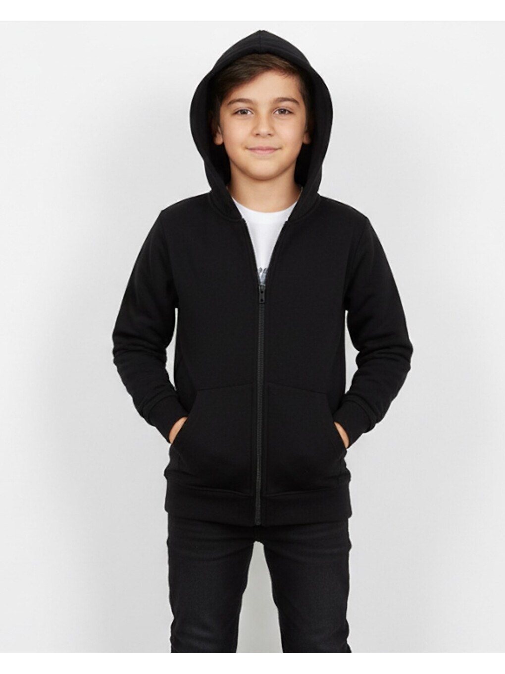 6-12 Yaş Basic Fermuarlı Siyah Kapüşonlu Hırka - Rahat Kışlık Sweatshirt / 3 İp Şardonlu-1