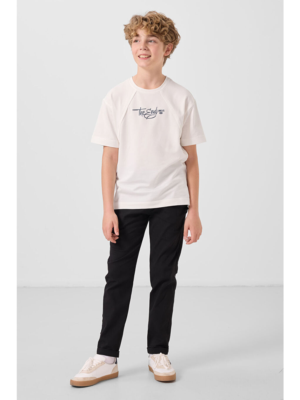 Ekru Pamuklu Yumuşak Dokulu Oversize Baskılı Erkek Çocuk T-Shirt - 11285-1