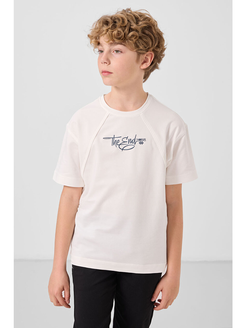 Ekru Pamuklu Yumuşak Dokulu Oversize Baskılı Erkek Çocuk T-Shirt - 11285-2