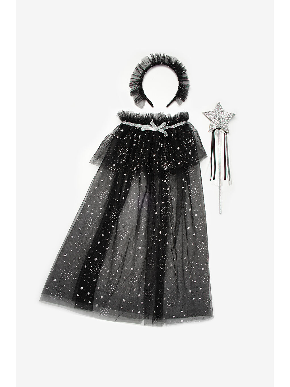 Lila  Gümüş Yıldız Desenli Kız Çocuk Pelerin Asa ve Taç Set