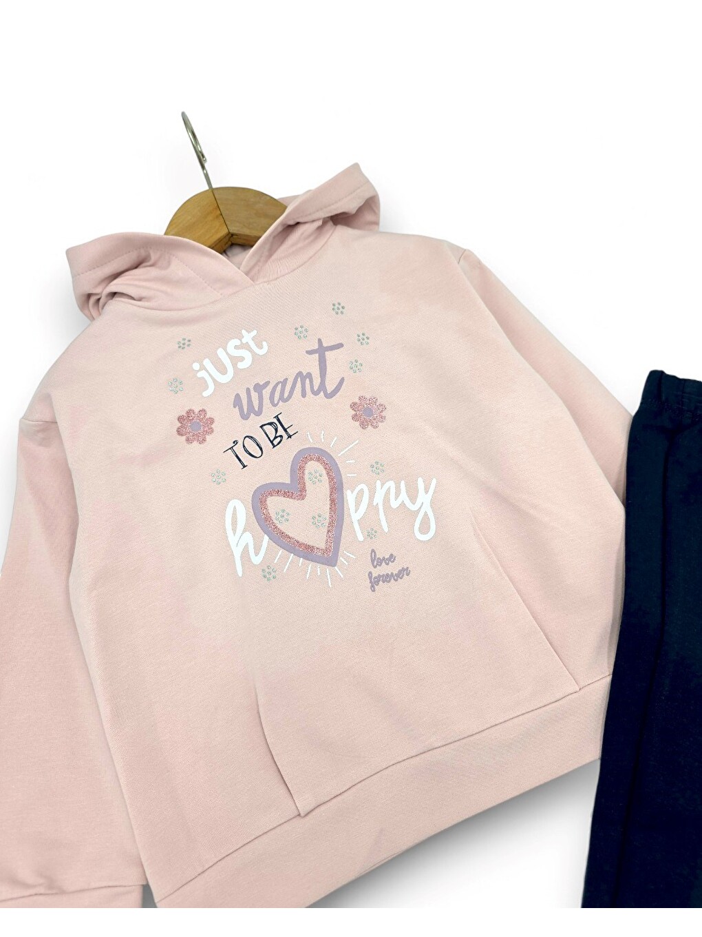 Pembe Kız Çocuk İspanyol Paça Taytlı Kapüşonlu Sweatshirtlü Mevsimlik Alt Üst Takım-3