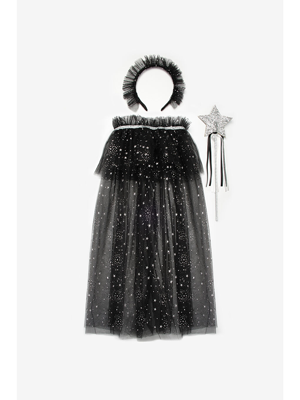 Lila  Gümüş Yıldız Desenli Kız Çocuk Pelerin Asa ve Taç Set-1