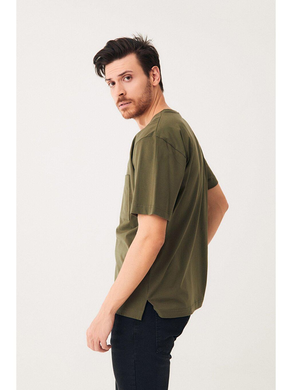 Haki Tek Cepli Oversize Tişört-2