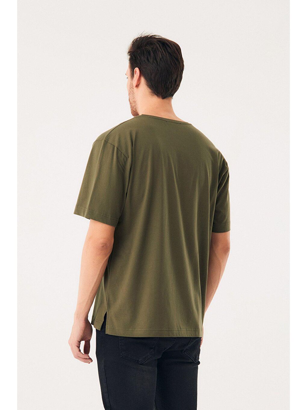 Haki Tek Cepli Oversize Tişört-4