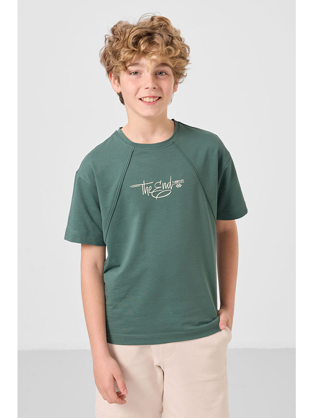 Açık Yeşil Pamuklu Yumuşak Dokulu Oversize Baskılı Erkek Çocuk T-Shirt - 11285