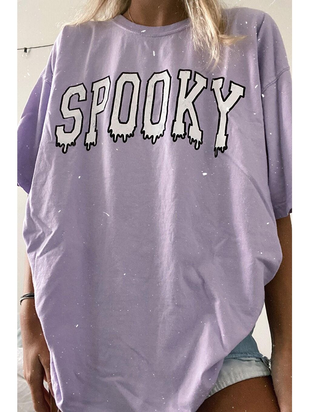 Kadın Lila Baskılı Oversize Tişört Mg969-1