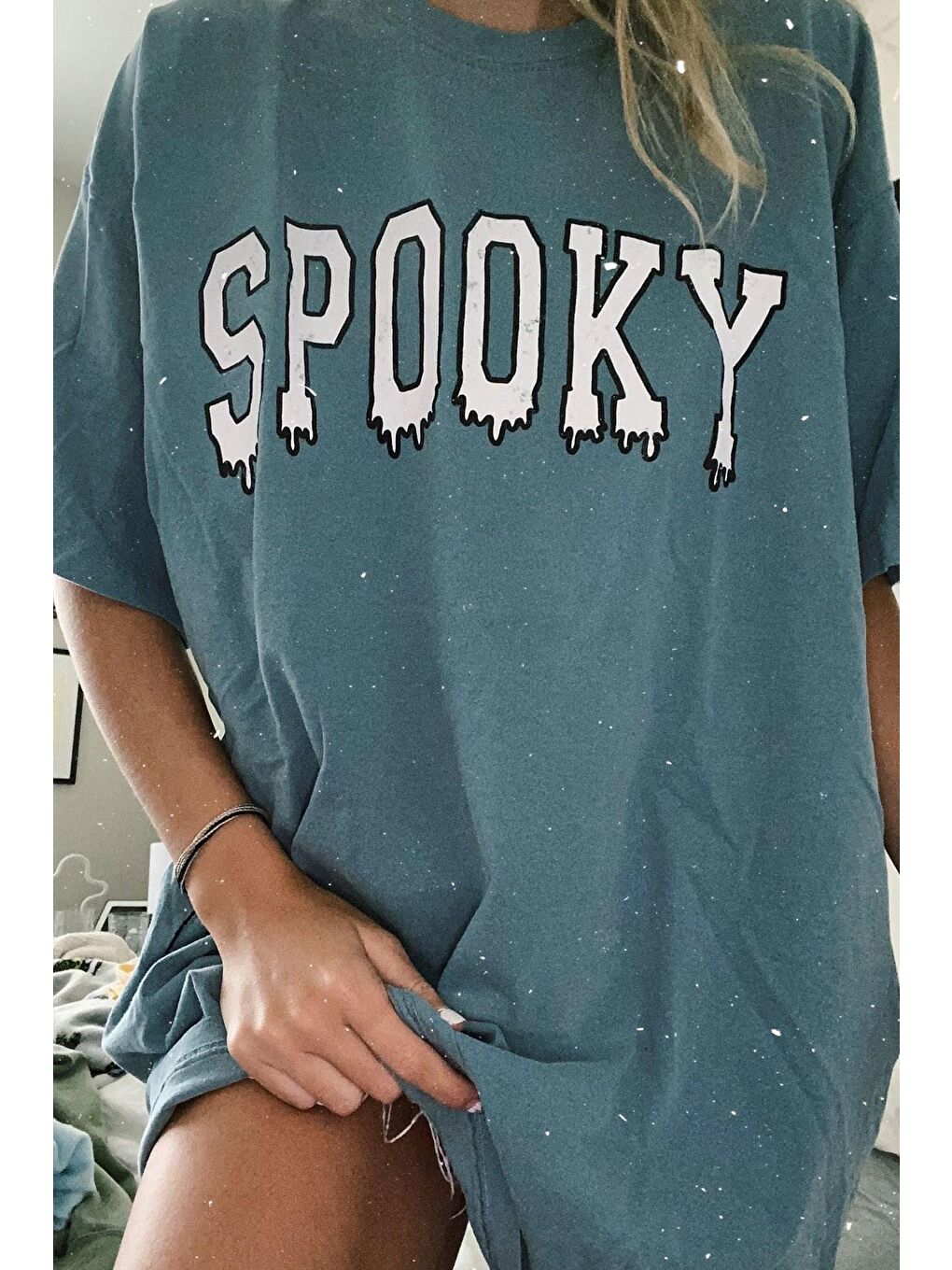 Kadın Mavi Baskılı Oversize Tişört Mg969-1