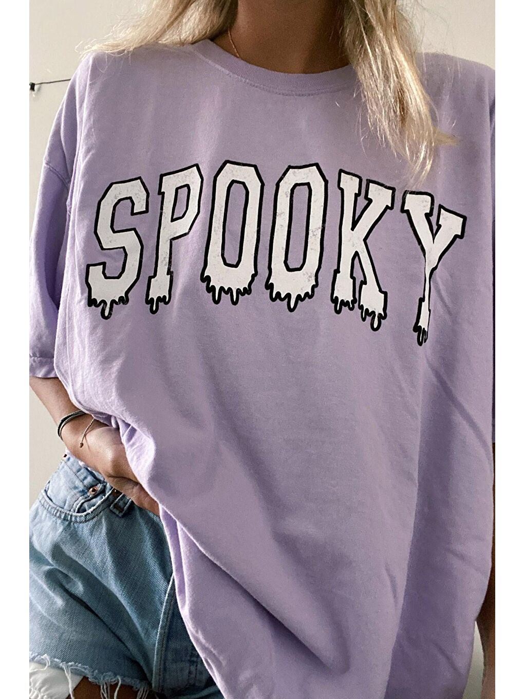Kadın Lila Baskılı Oversize Tişört Mg969-2