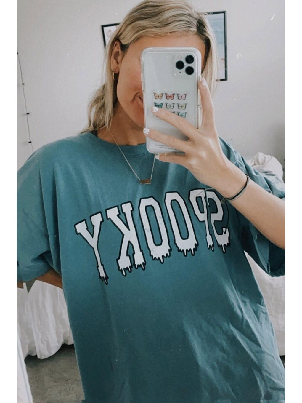 Kadın Mavi Baskılı Oversize Tişört Mg969-2