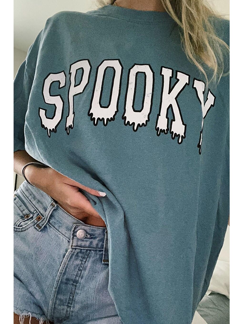 Kadın Mavi Baskılı Oversize Tişört Mg969-3