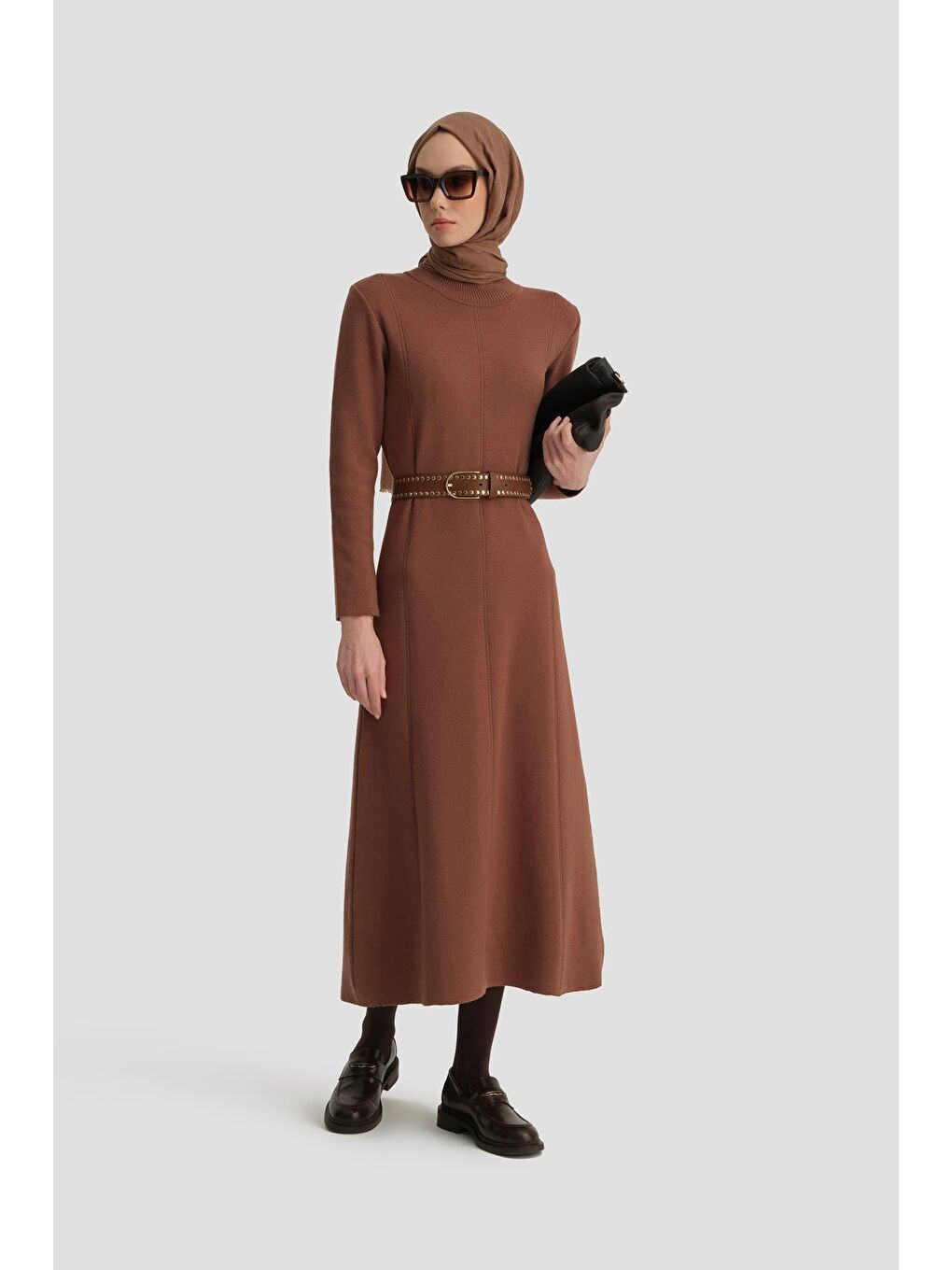 Kahverengi Uzun Kol Triko Elbise 24Kd4217 Acı Kahve-2