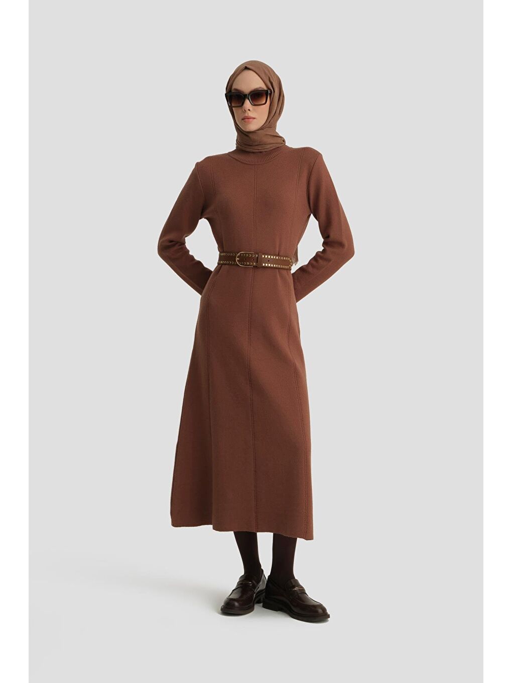 Kahverengi Uzun Kol Triko Elbise 24Kd4217 Acı Kahve-3
