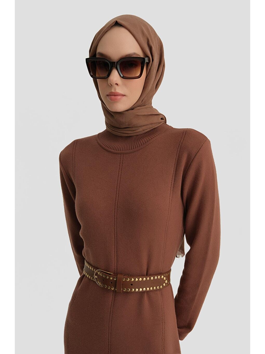 Kahverengi Uzun Kol Triko Elbise 24Kd4217 Acı Kahve-4