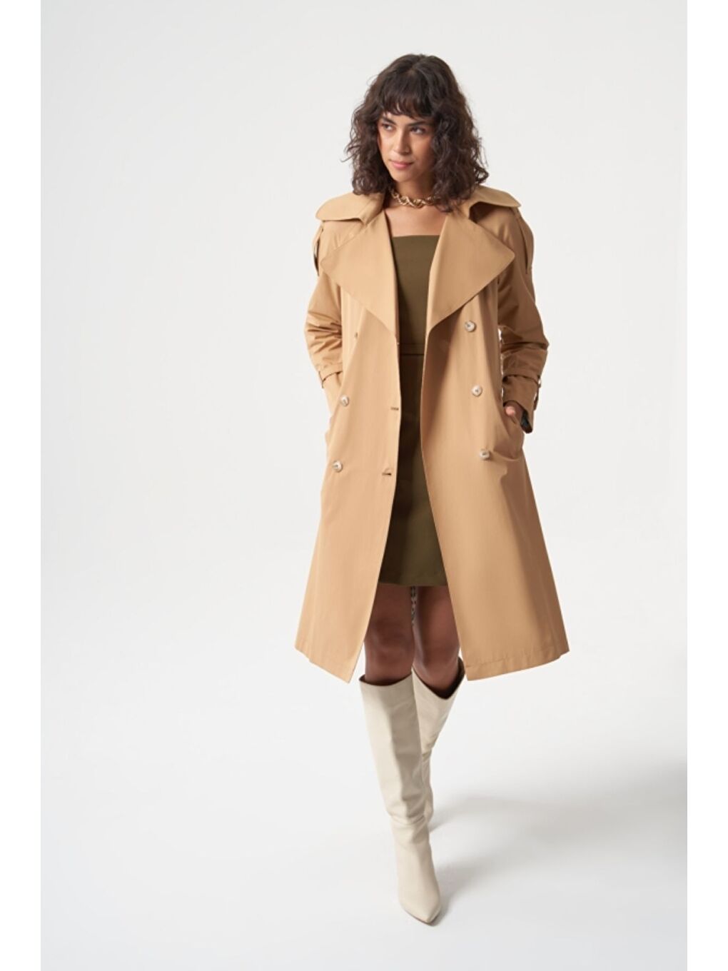 Karışık MZL Camel Pamuk Karışımlı Klasik Mac Trençkot-1