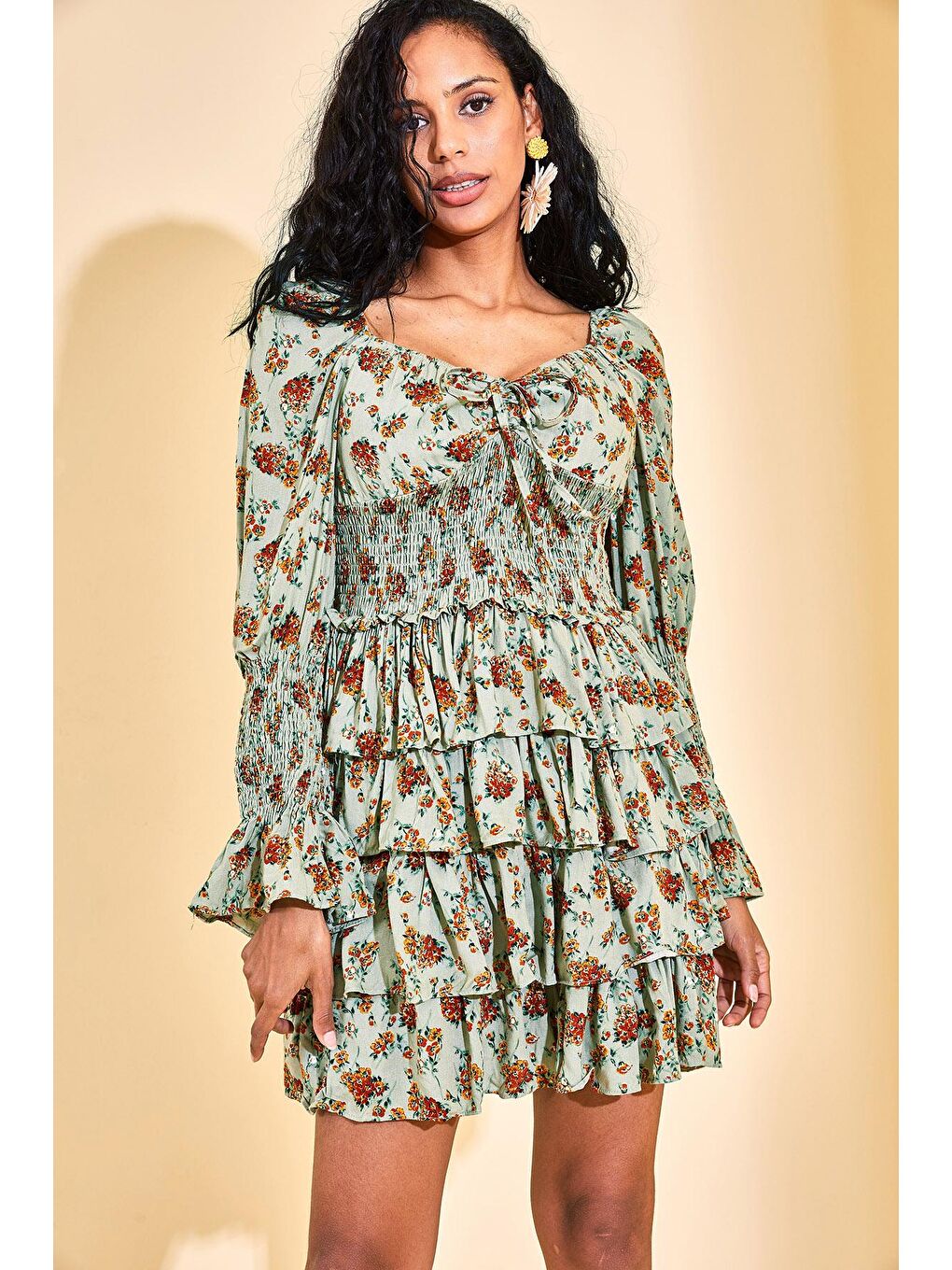 Turkuaz Su Yeşili Gipe Detaylı Katkat Elbise 3KXK6-46872-38-1