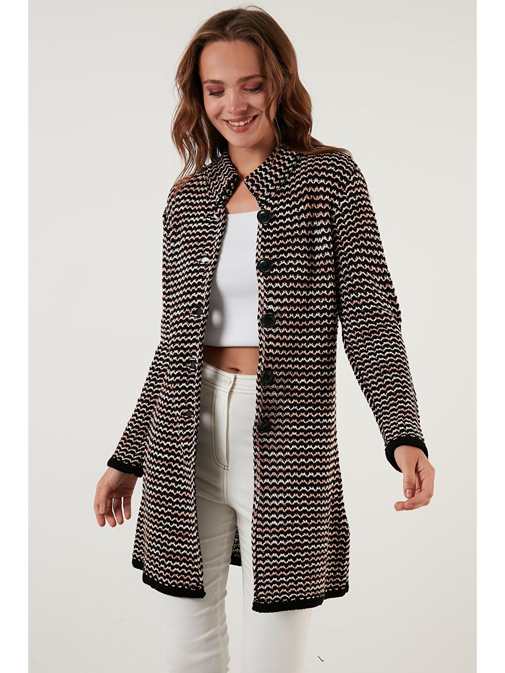 Pembe Regular Fit Düğmeli Dik Yaka Örme Hırka 6310012