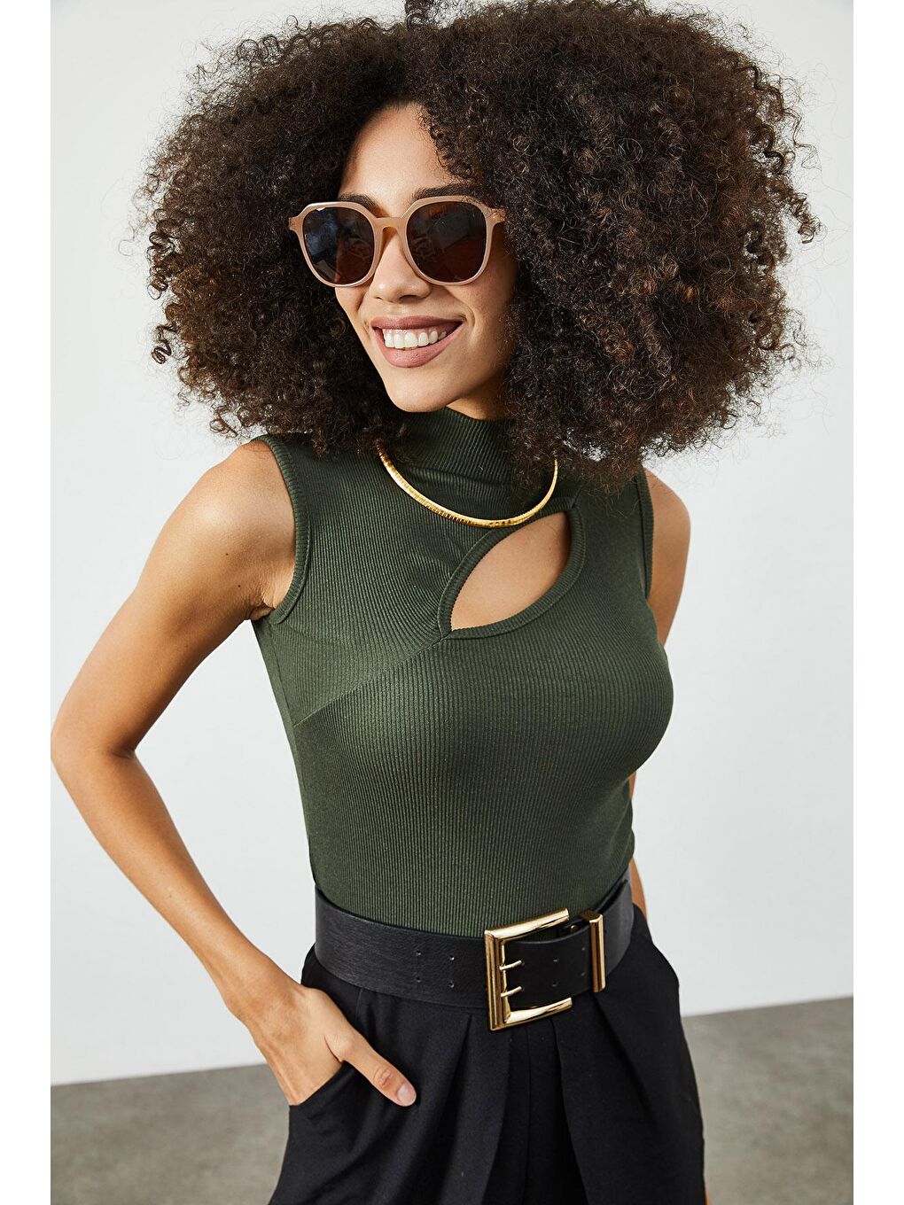 Haki Yarım Balıkçı Yaka Göğüs Detaylı Kaşkorse Bluz 2KXK2-45854-09