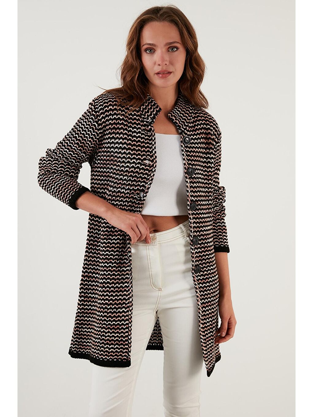 Pembe Regular Fit Düğmeli Dik Yaka Örme Hırka 6310012-1