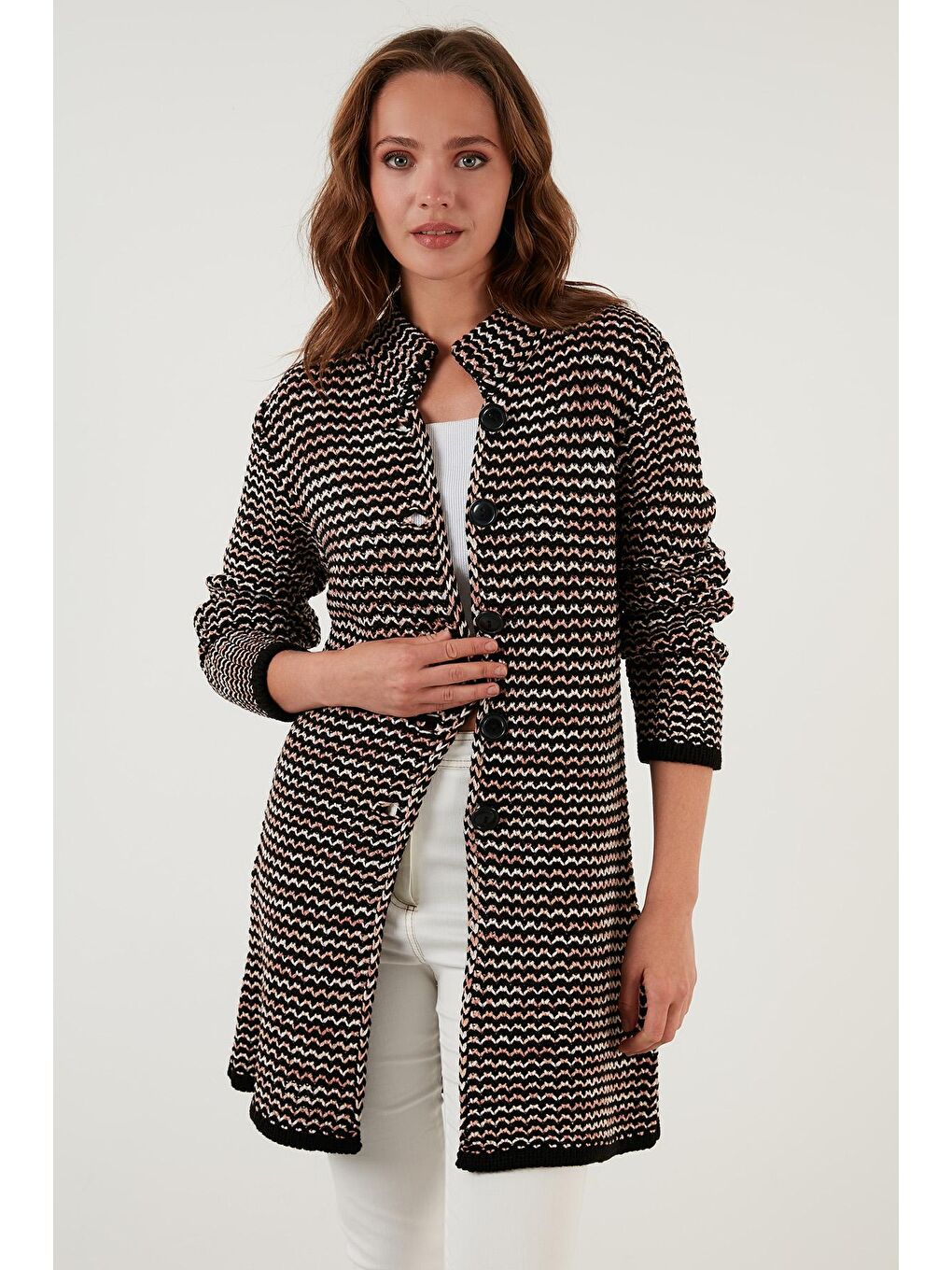 Pembe Regular Fit Düğmeli Dik Yaka Örme Hırka 6310012-2