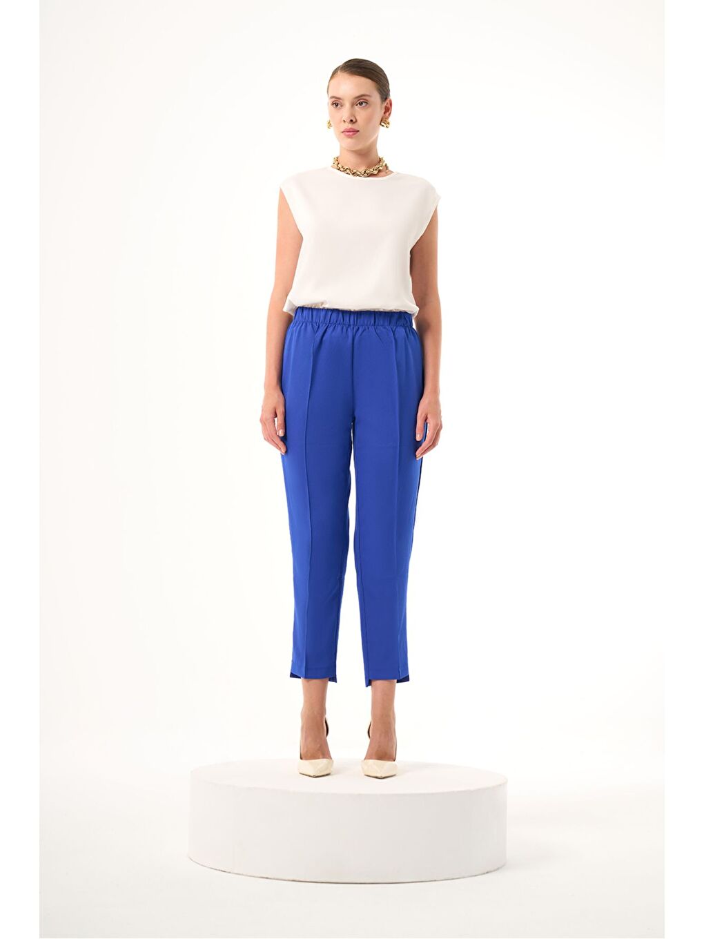 Mavi Beli Tam Lastikli Saks Pantolon-1