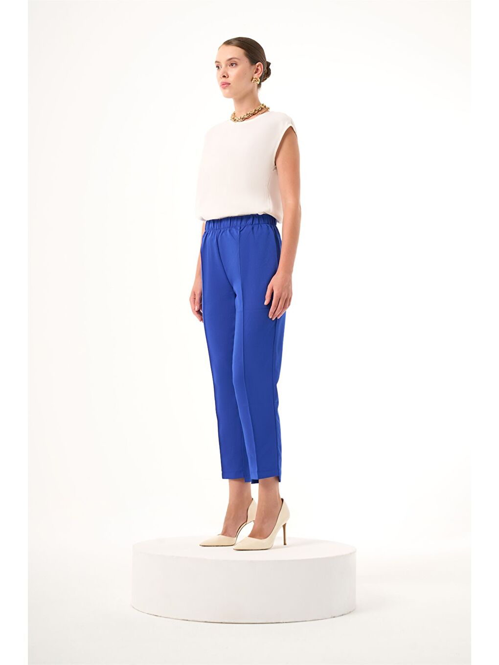 Mavi Beli Tam Lastikli Saks Pantolon-2