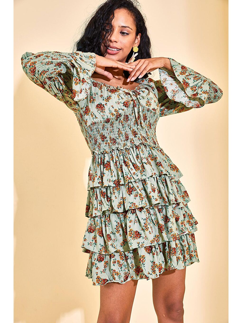 Turkuaz Su Yeşili Gipe Detaylı Katkat Elbise 3KXK6-46872-38-4