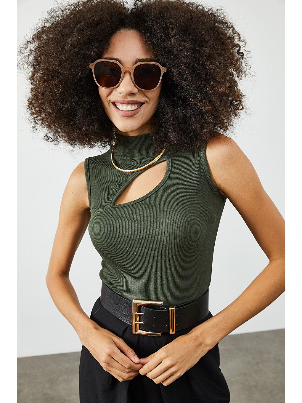 Haki Yarım Balıkçı Yaka Göğüs Detaylı Kaşkorse Bluz 2KXK2-45854-09-2