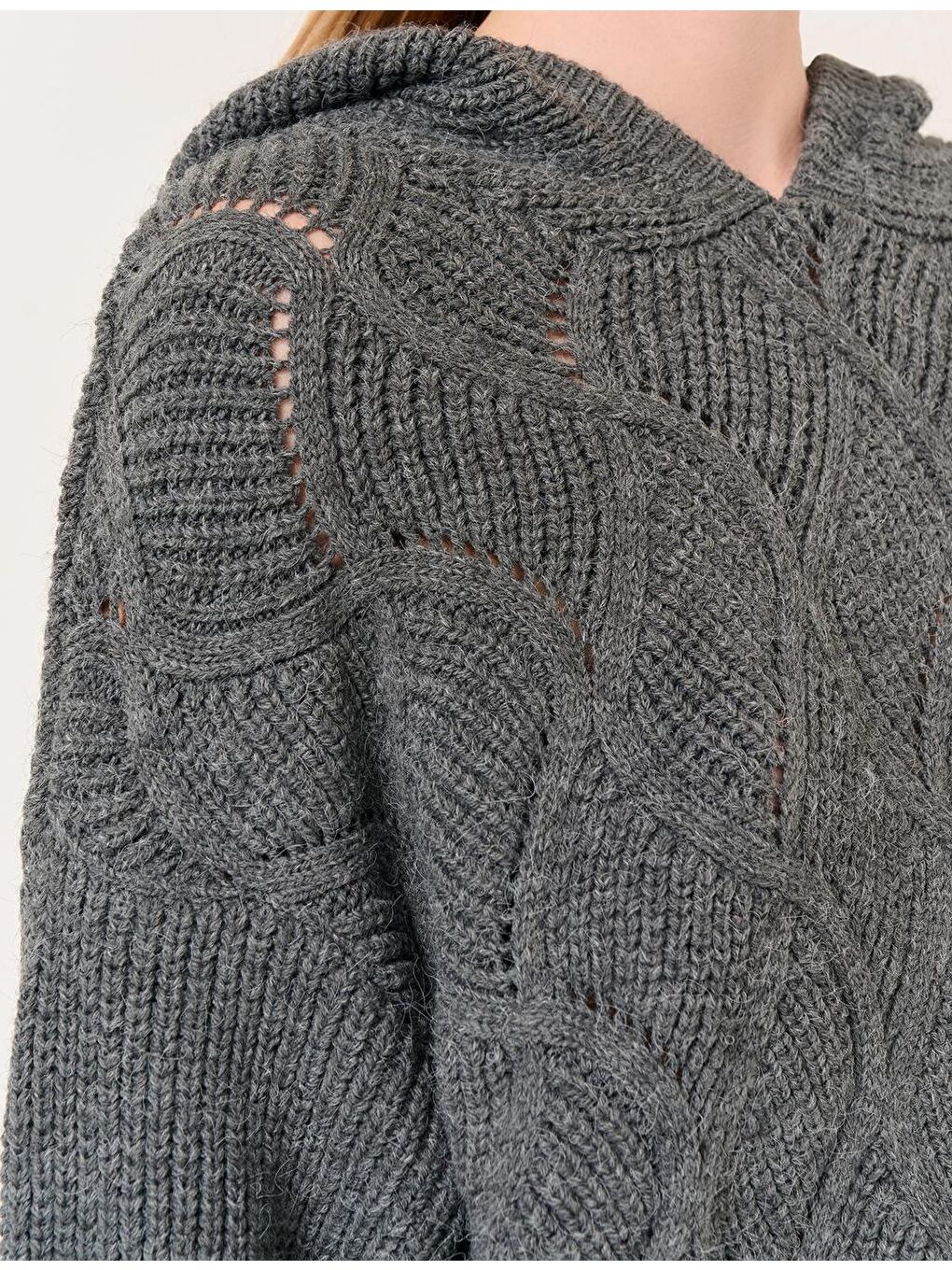 Antrasit Uzun Kollu Kapüşonlu Triko Kazak-1