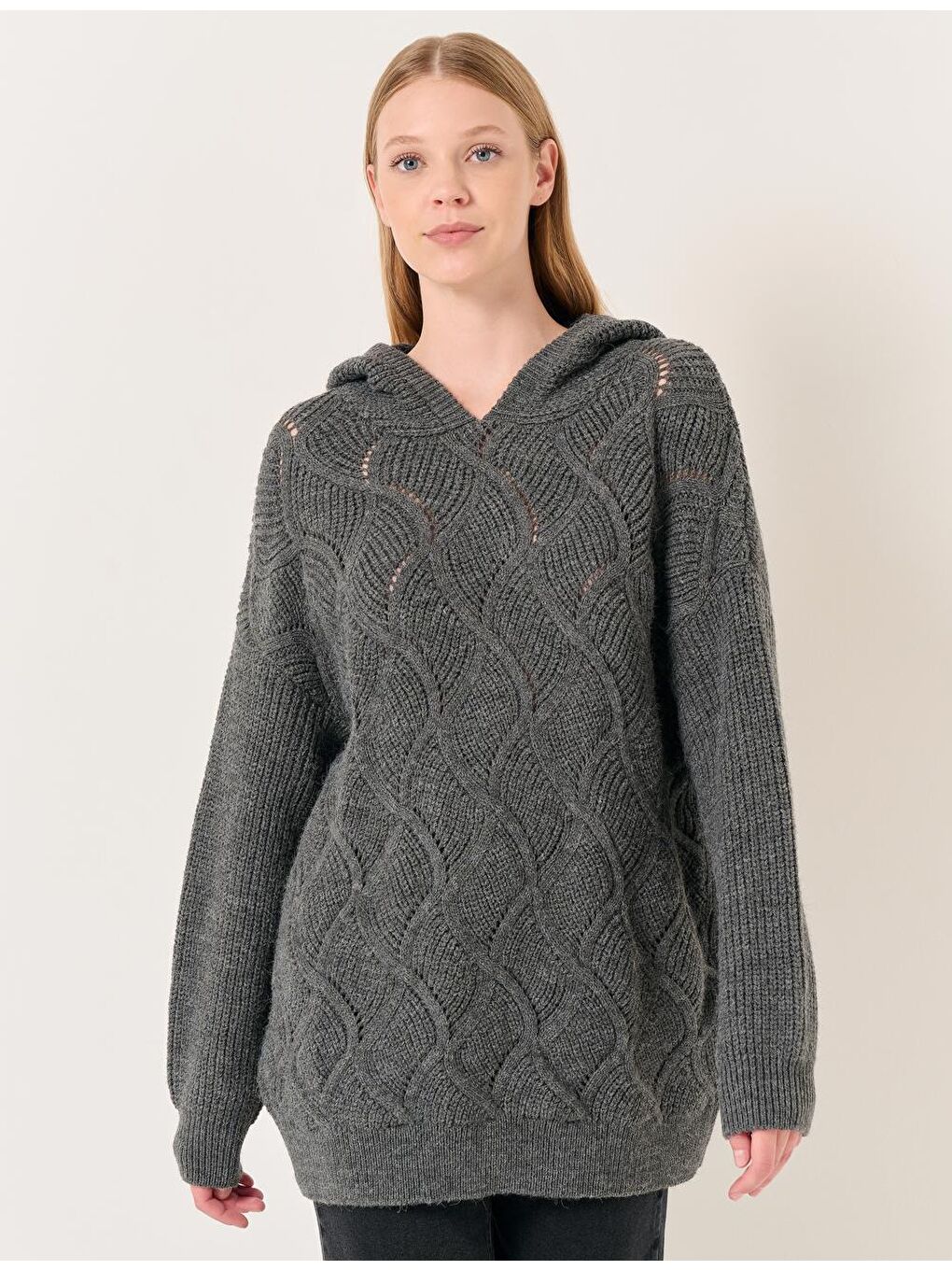 Antrasit Uzun Kollu Kapüşonlu Triko Kazak-3