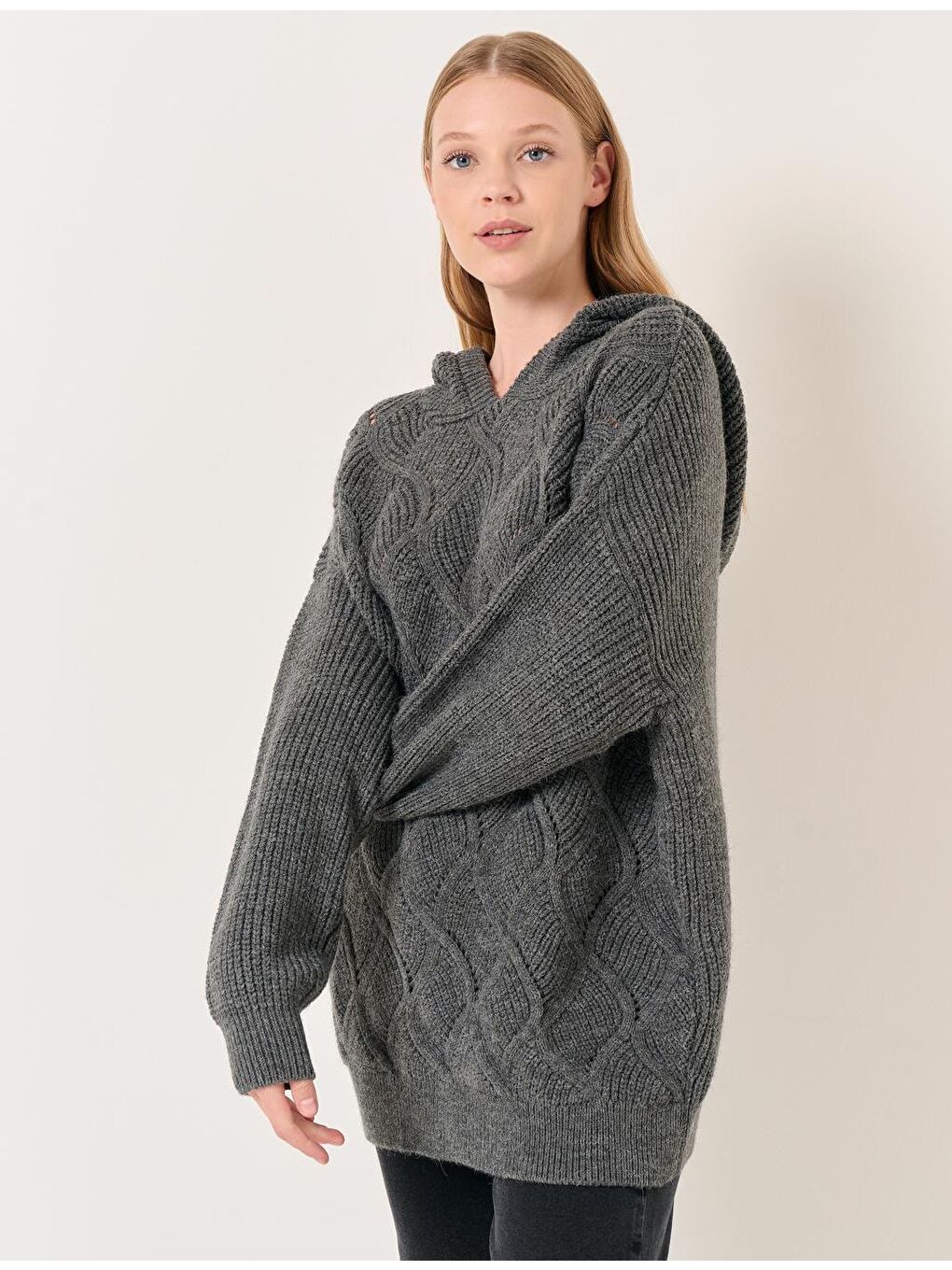 Antrasit Uzun Kollu Kapüşonlu Triko Kazak-4