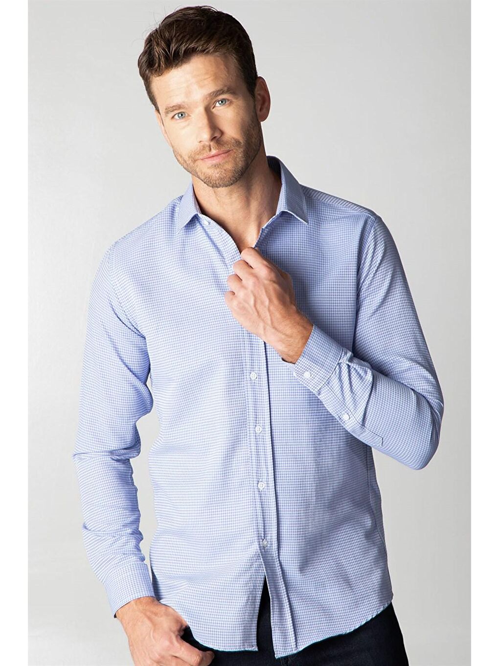 Modern Slim Fit Pamuklu Kolay Ütü Armürlü Erkek Sax Mavi Gömlek