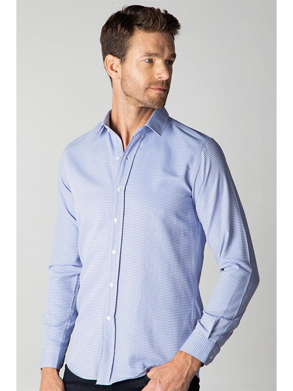 Modern Slim Fit Pamuklu Kolay Ütü Armürlü Erkek Sax Mavi Gömlek-1