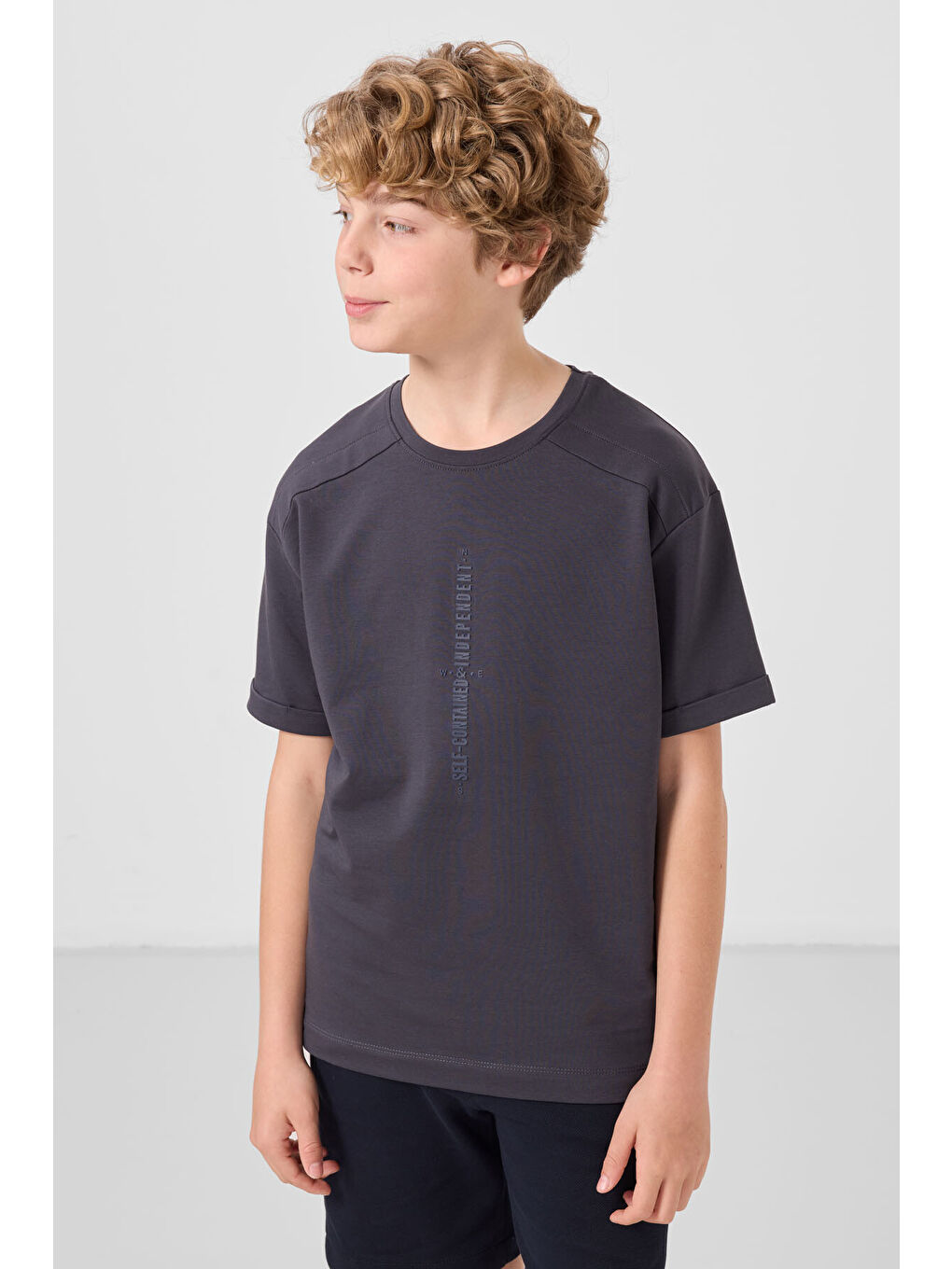 Antrasit Pamuklu Yumuşak Dokulu Oversize Baskılı Erkek Çocuk T-Shirt - 11301-2