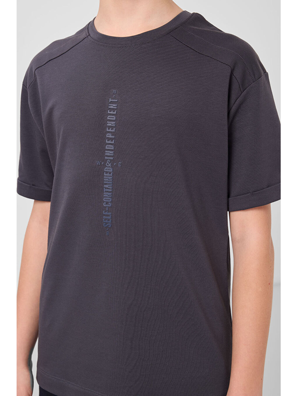 Antrasit Pamuklu Yumuşak Dokulu Oversize Baskılı Erkek Çocuk T-Shirt - 11301-3