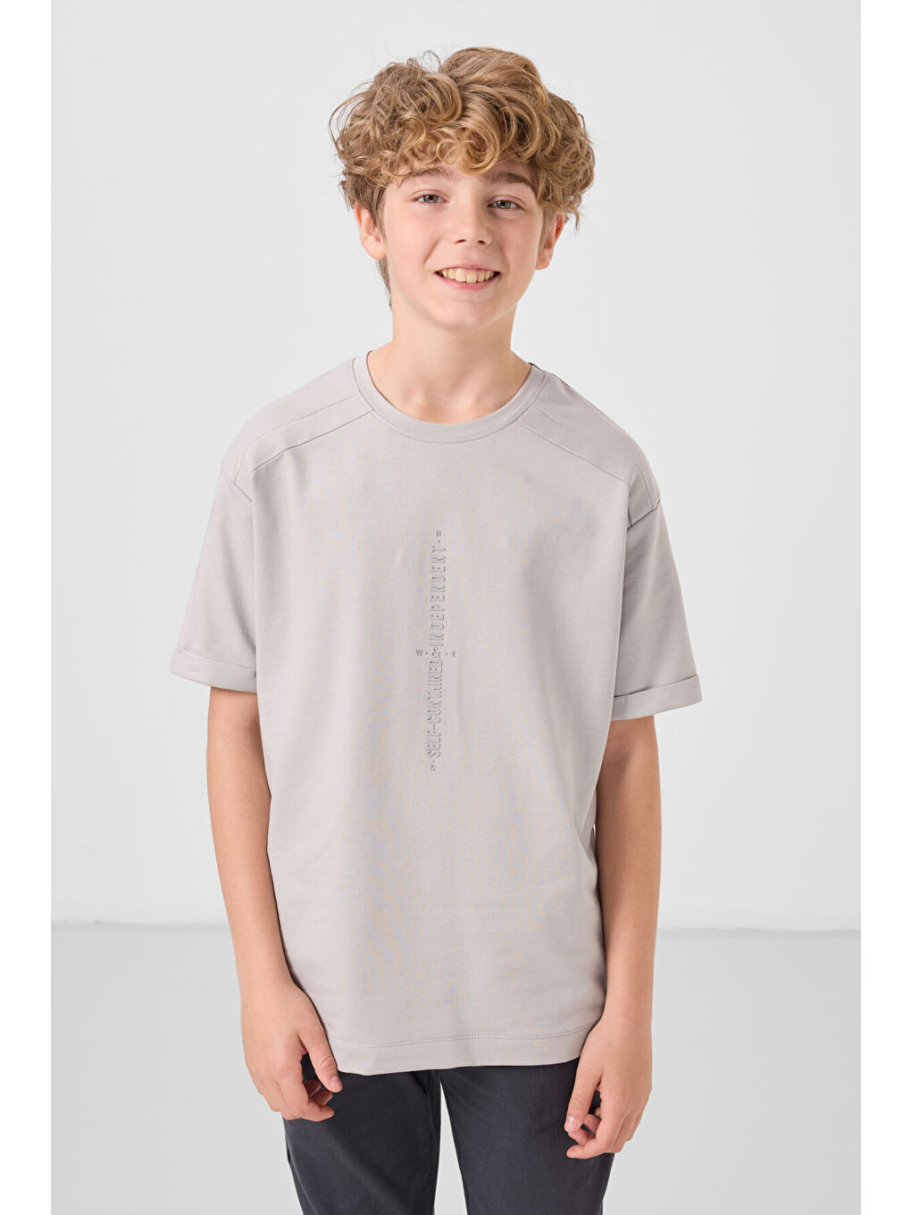 Bej Taş Pamuklu Yumuşak Dokulu Oversize Baskılı Erkek Çocuk T-Shirt - 11301