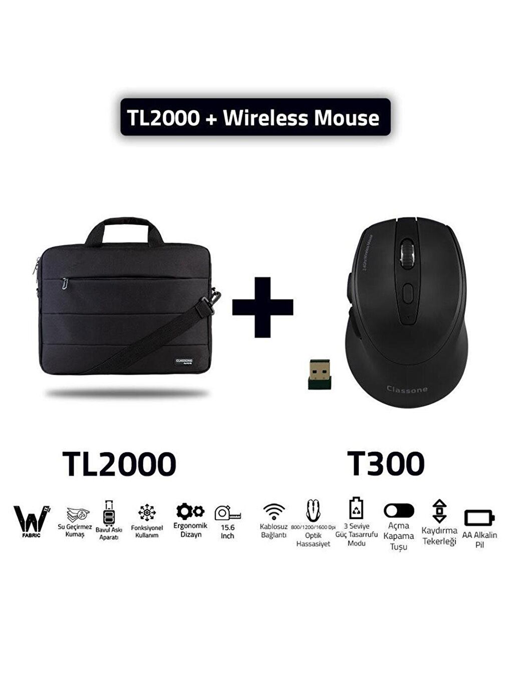 Siyah TL2000 15.6 Notebook El Çantası + Kablosuz Mouse Set