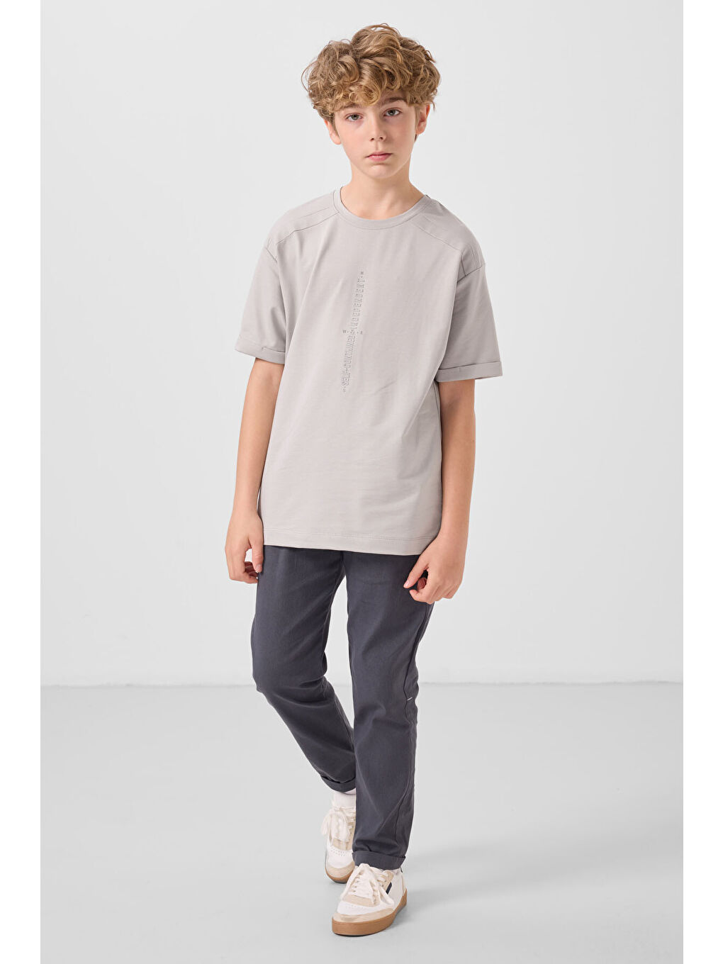 Bej Taş Pamuklu Yumuşak Dokulu Oversize Baskılı Erkek Çocuk T-Shirt - 11301-1