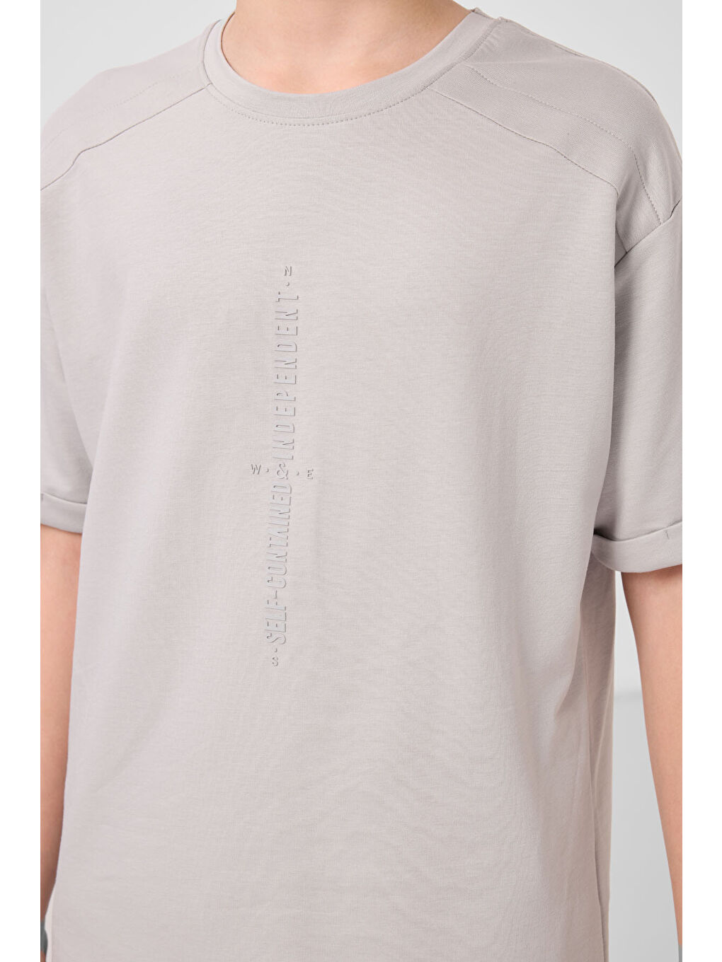 Bej Taş Pamuklu Yumuşak Dokulu Oversize Baskılı Erkek Çocuk T-Shirt - 11301-3