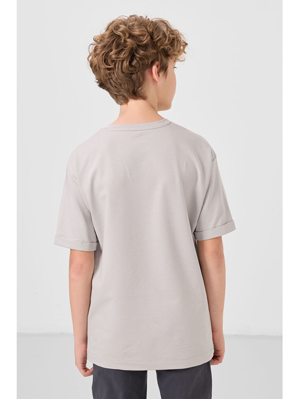 Bej Taş Pamuklu Yumuşak Dokulu Oversize Baskılı Erkek Çocuk T-Shirt - 11301-4