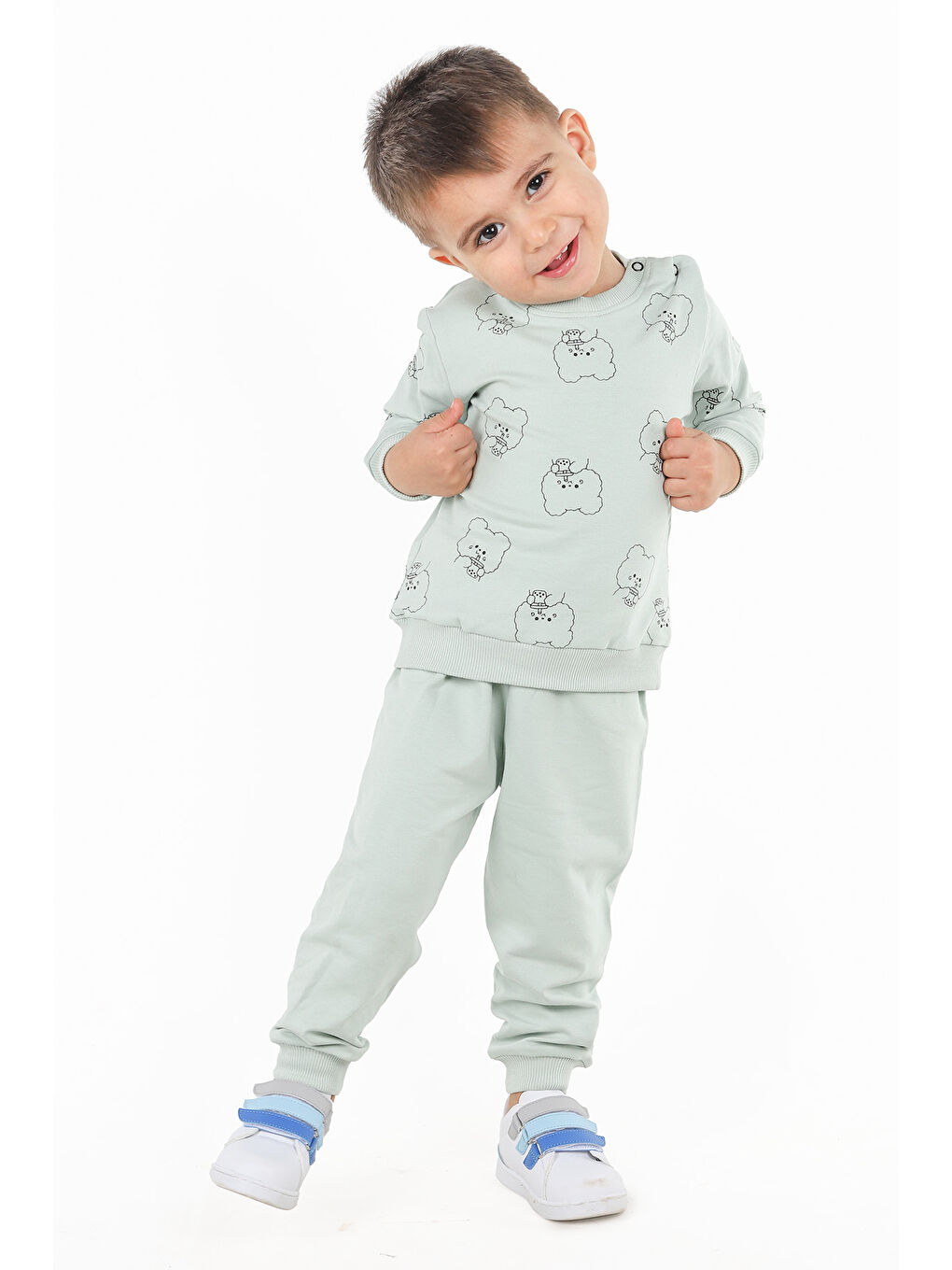 KİKO Yeşil Ayıcık Baskı Erkek Bebek Sweatshirt Eşofman 2'Li Takım - 5