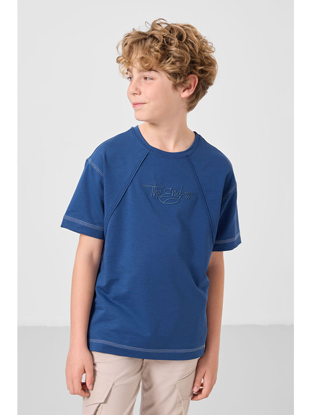 Lacivert Parlament Pamuklu Yumuşak Dokulu Oversize Baskılı Erkek Çocuk T-Shirt - 11285-3