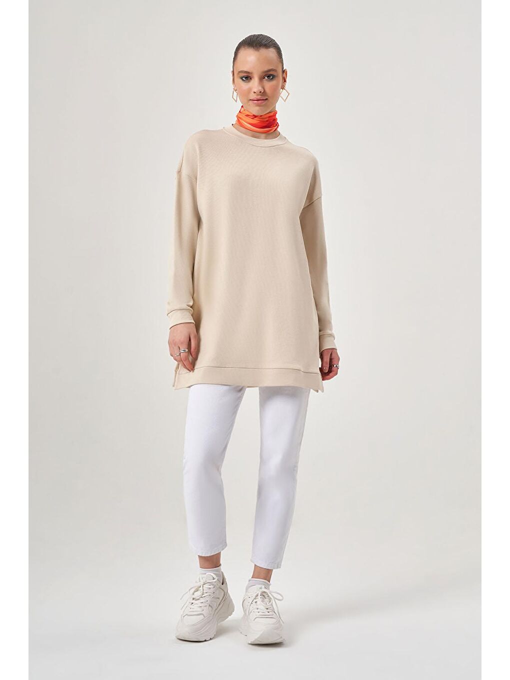 Mizalle Ekru Basic Örme Ekru Sweatshirt - 1