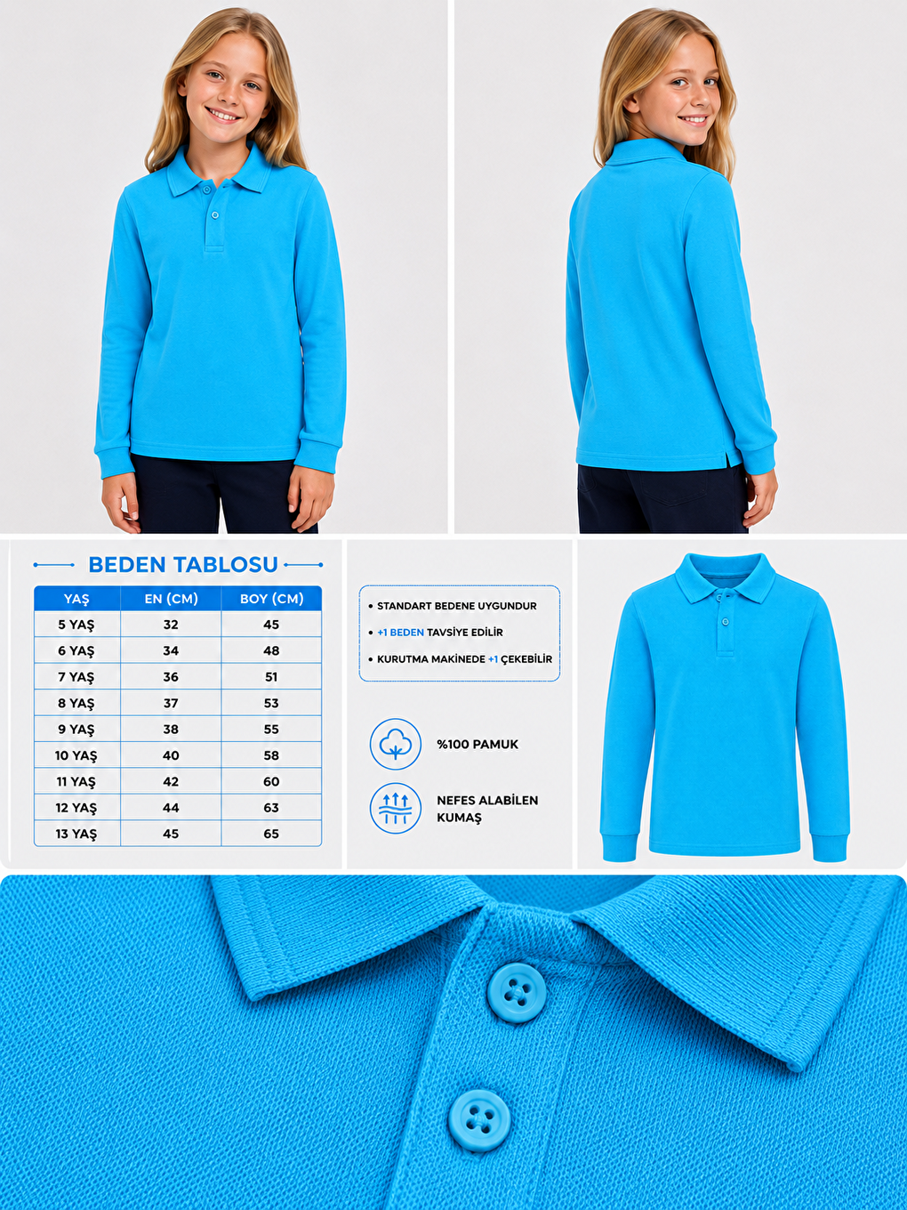 Turkuaz Kids Polo Yaka Basic Uzun Kollu Unisex Kız Çocuk Tişört-1