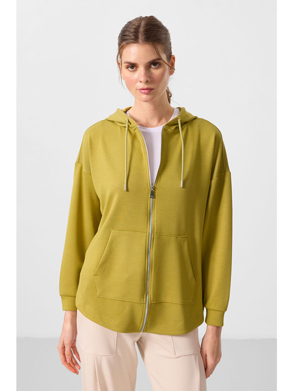 Sarı Koyu Hardal Yumuşak Dokulu Kapüşonlu Oversize Kadın Tunik Sweatshirt   97302