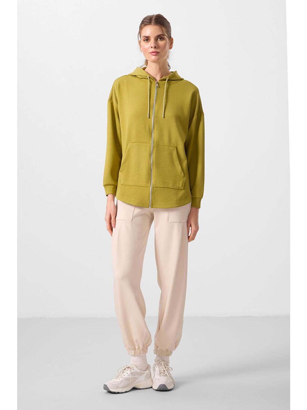 Sarı Koyu Hardal Yumuşak Dokulu Kapüşonlu Oversize Kadın Tunik Sweatshirt   97302-1